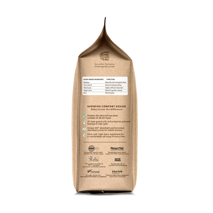 The brown packaging of Terras ECO Ring diapers highlights bamboo fiber for softness, a leak guard, plant-based ingredients, and high water absorbency. The back details diaper rash protection with certification logos and a comprehensive product description.