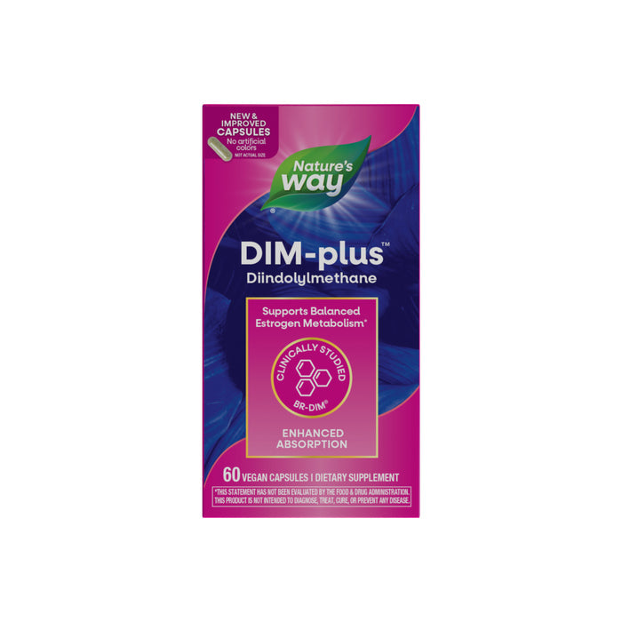 Front of a Natures Way DIM-Plus™ supplement box, with purple and pink design, branding, and text emphasizing balanced estrogen metabolism, prostate support, and enhanced absorption.