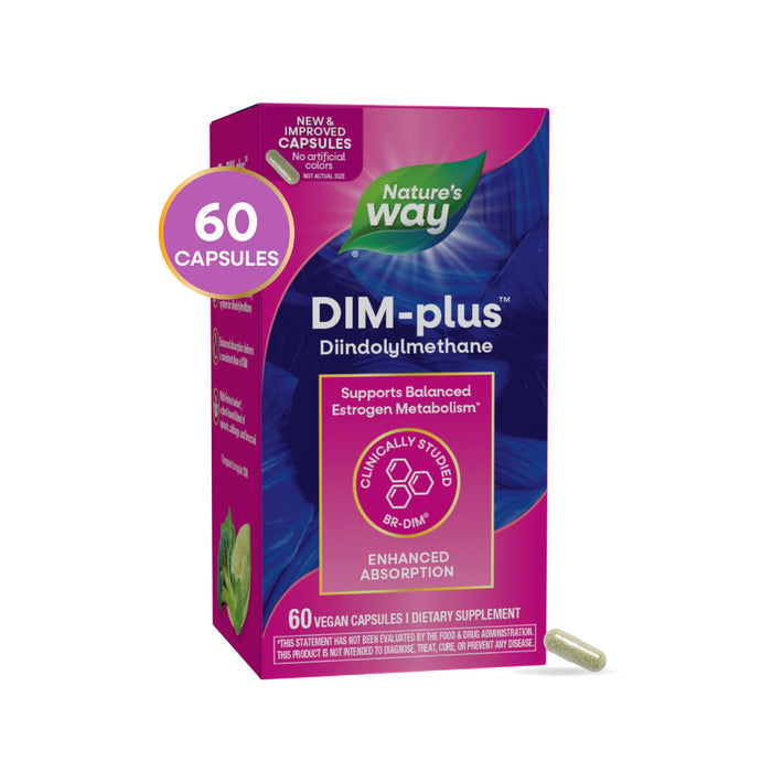 A box of Natures Way DIM-Plus™ provides 60 vegan capsules in purple and pink packaging, promoting enhanced absorption and supporting estrogen metabolism for overall wellness.