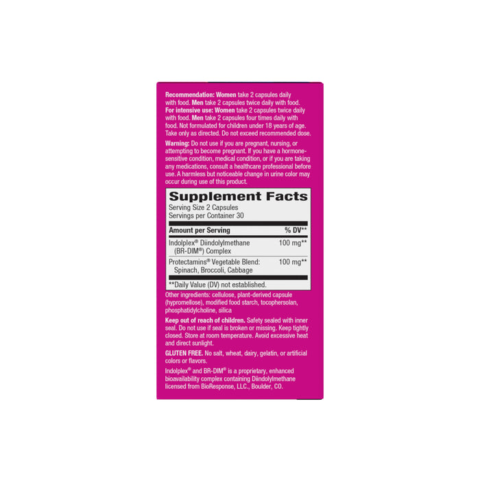 A pink DIM-Plus™ bottle from Natures Way displays directions, warnings, and Supplement Facts: each 2-capsule serving provides 100 mg Indole-3-Carbinol and 100 mg vegetable blend for estrogen metabolism and prostate support.