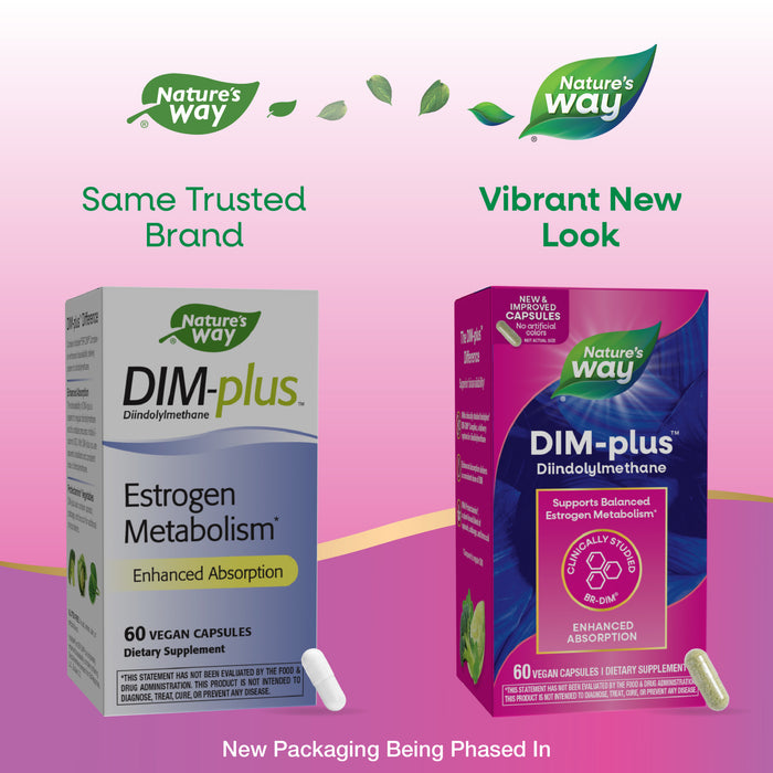 Side-by-side comparison of Nature’s Way DIM-Plus™: old gray Estrogen Metabolism box (left) and new purple packaging, which highlights DIM-Plus™ for estrogen metabolism and prostate support; both contain 60 vegan capsules.