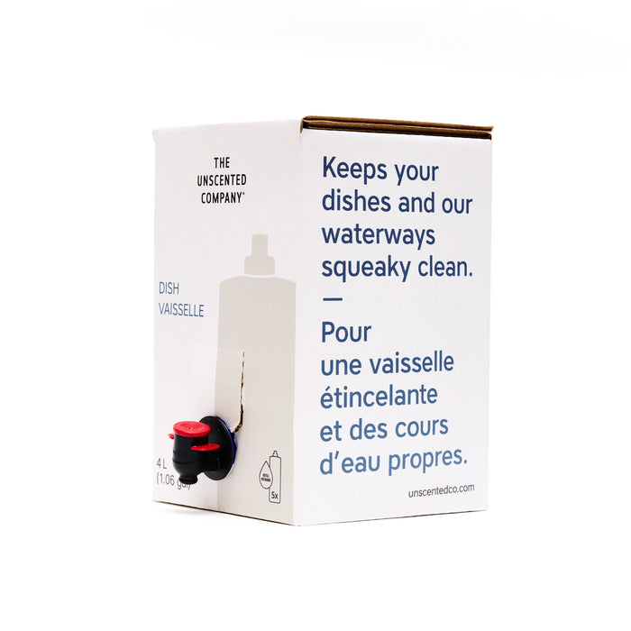 A 4-liter white Dish Soap Refill by The Unscented Company with a black and red spout. Packaging features English/French text about clean dishes and waterways, plus a simple bottle illustration. Fragrance free.