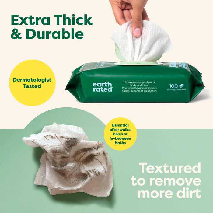 A hand pulls a Dog Grooming Wipe from a green Earth Rated pack. A dirty wipe appears below. Text notes they are Extra Thick & Durable, Hypoallergenic, Dermatologist Tested, and Textured to remove more dirt. Scent: White Tea Basil.