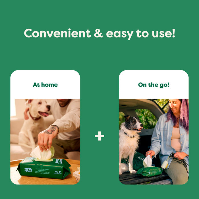 Two photos side by side: Left shows a person using Earth Rated Dog Grooming Wipes – Extra Thick, White Tea Basil Scented with a white dog indoors; right, the wipes used outdoors. Text above: “Convenient & easy to use!”.