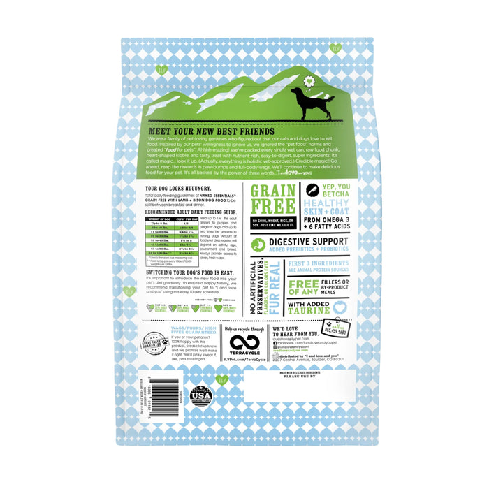 The reverse of the Dog Kibble - Naked Essentials Lamb & Bison bag by I and Love and You features a blue and white design, highlighting health benefits like grain-free ingredients and Omega 3 & 6 for digestion. A dog silhouette in grass appears on top, illustrating its pasture-raised lamb content.