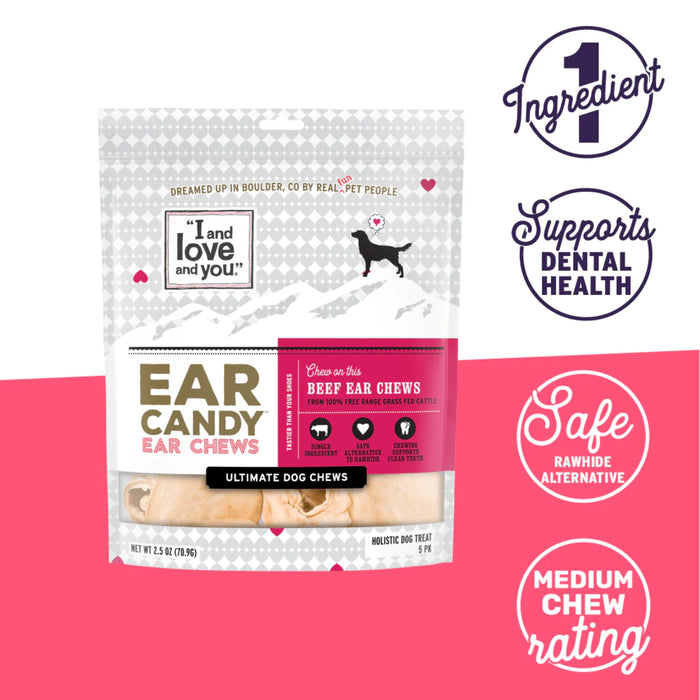 A package of "Ear Candy" beef ear chews for dogs by "I and Love and You." Highlights include: 1 ingredient, supports dental health, safe rawhide alternative, and medium chew rating. The package features a dog silhouette and pink accents.