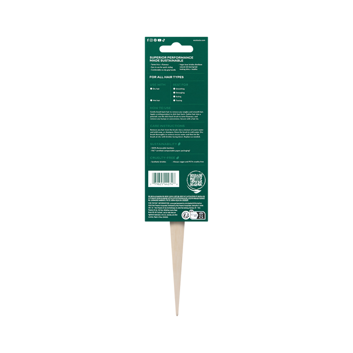 The EcoTools Eco Slick Back Brush packaging is green with white text, product details, and instructions. It features a seal illustration at the bottom and showcases a comb with a renewable bamboo handle and vegan boar bristles extending from the package.