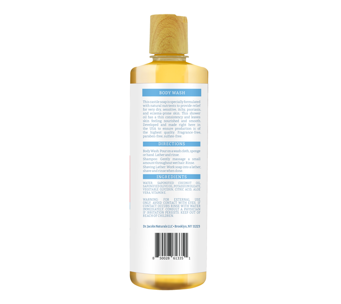 The Eczema & Psoriasis Relief body wash by Dr Jacobs Naturals comes in a plastic bottle with antioxidant-rich yellow liquid and a wooden cap. The label features usage directions, ingredients, and a barcode, with light blue and white text highlighting its hypoallergenic properties.