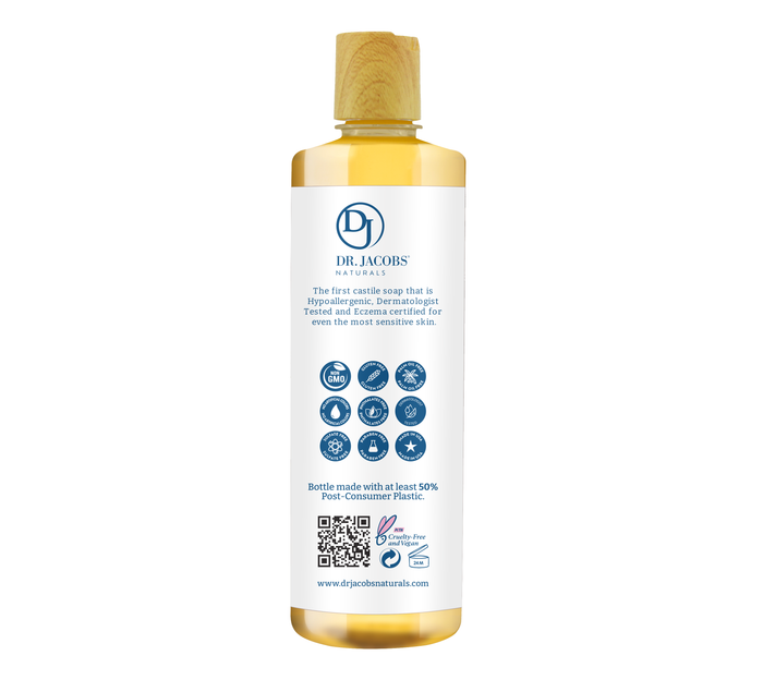 Image of a Dr. Jacobs Naturals Eczema & Psoriasis Relief Pure Castile Soap bottle with a wooden cap. The label emphasizes its hypoallergenic and antioxidant-rich properties, dermatologist testing, and eco-friendly packaging, along with certification logos and a QR code.