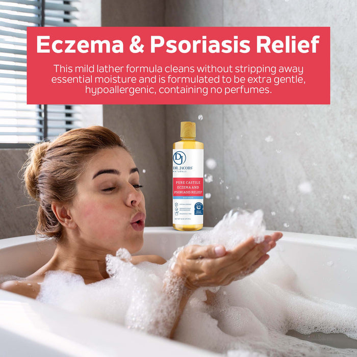 Someone relaxes in a bubble bath, blowing bubbles with their hands. Alongside, theres a Dr Jacobs Naturals Eczema & Psoraisis Relief body wash, rich in antioxidants. A banner reads: Eczema & Psoriasis Relief.