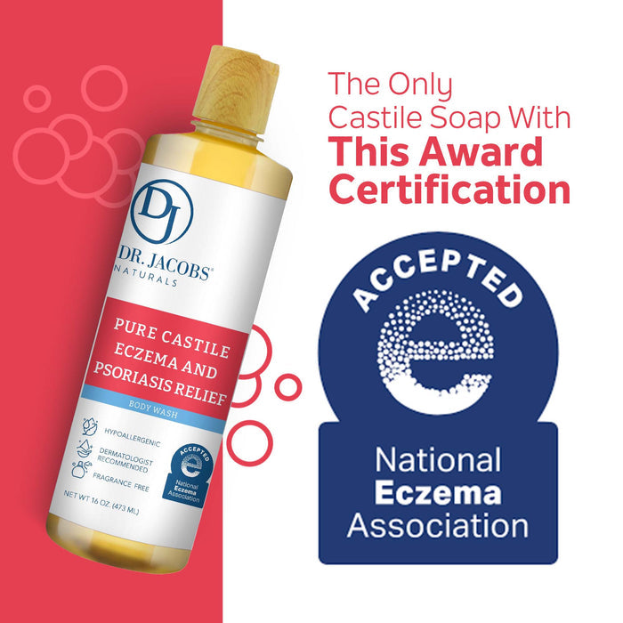 An Accepted National Eczema Association seal sits beside a bottle of Dr. Jacobs Naturals Eczema & Psoriasis Relief Unscented Pure Castile Soap, certified hypoallergenic and effective for soothing sensitive skin conditions.