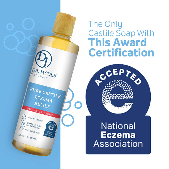 Dr. Jacobs Naturals Eczema Relief Baby Wash, the only Unscented Pure Castile Soap with National Eczema Association acceptance, features a blue and white design with bubbles, boasting award certification and hypoallergenic properties.