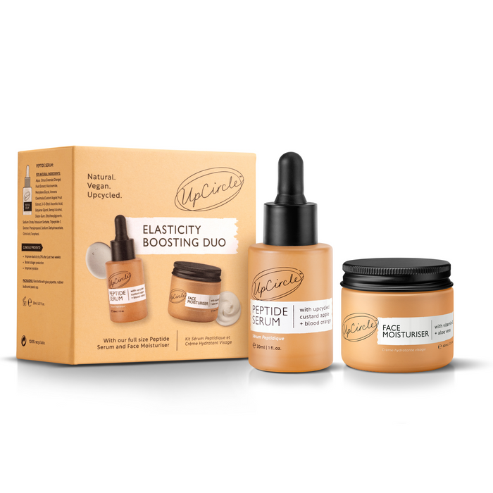 The image showcases UpCircles Elasticity Boosting Duo, with a Peptide Serum dropper bottle and Vitamin E Face Moisturiser jar, highlighting vegan, natural, and upcycled ingredient packaging.