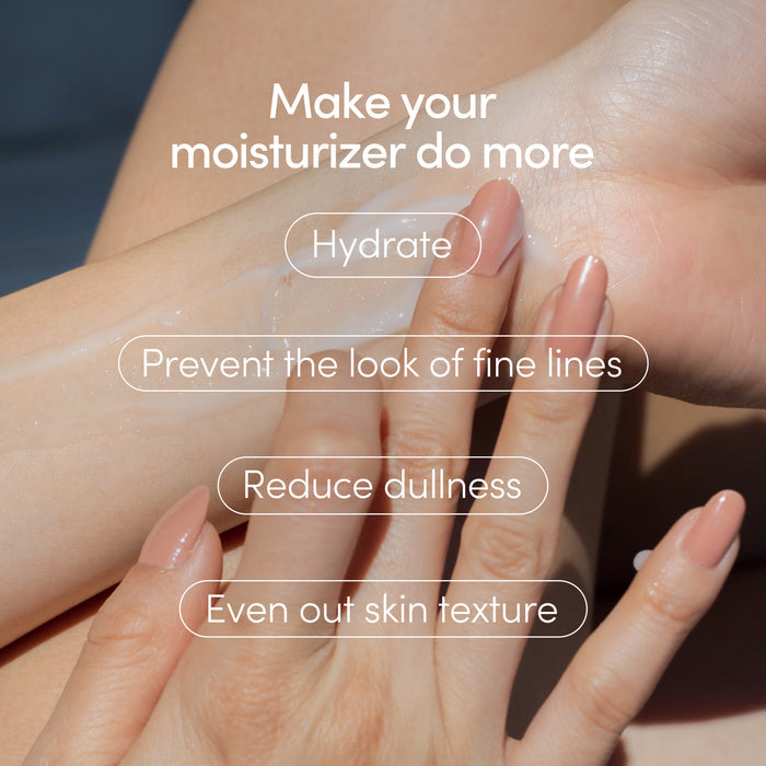 A person applies Enhanced Daily Water Cream by Uncommon Beauty to their forearm. Text reads: Hydrate, smooth fine lines, brighten dullness, and even skin texture—make every routine better with this lightweight moisturizer.