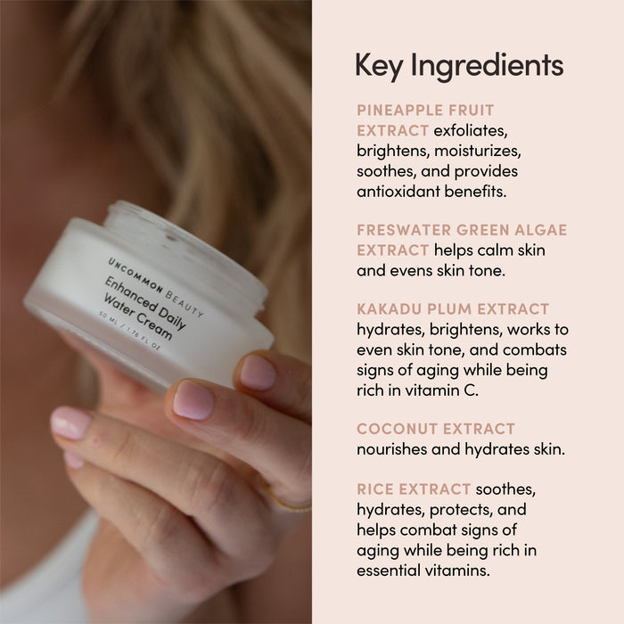 A hand holds Uncommon Beauty Enhanced Daily Water Cream, a lightweight daily moisturizer. Next to it, a Key Ingredients list highlights benefits of pineapple fruit, green algae, and other nourishing components for your skin routine.