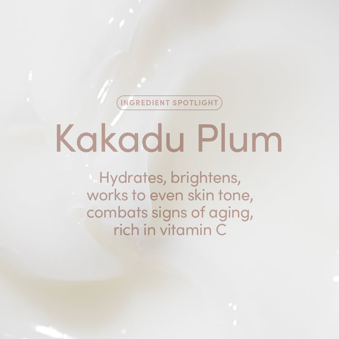 On a creamy, white background: Ingredient Spotlight in Uncommon Beautys Enhanced Daily Water Cream—Kakadu Plum hydrates, brightens, evens skin tone, supports the barrier, combats aging signs, and is rich in vitamin C.