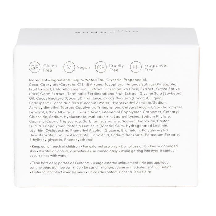 The Uncommon Beauty Enhanced Daily Water Cream box lists ingredients and symbols for gluten free, vegan, cruelty free, and fragrance free. Storage and caution instructions are included to help maintain a healthy skin barrier.