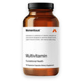 A brown pill bottle labeled Momentous Essential Multivitamin rests against a white background. Containing 120 vegetarian capsules, it is filled with vitamins, minerals, and essential phytonutrients to support cellular and immune function while boosting daily energy and overall health.