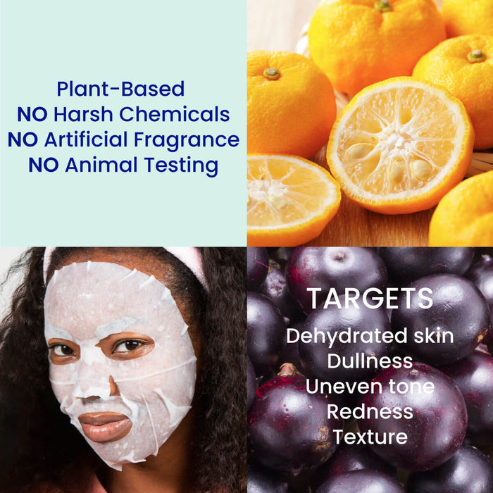 The collage for Everyday 8 by FaceTory features four sections: text on plant-based skin care and natural ingredients, sliced oranges, someone using a daily mask, and text listing skin targets like dehydration and dullness.