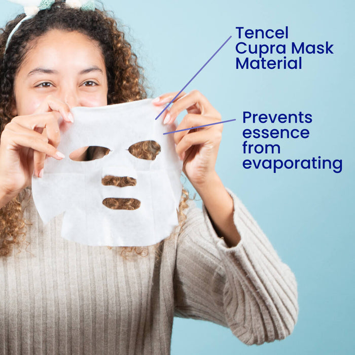 A person with curly hair and a headband holds FaceTorys Everyday 8 mask in front of their face against a blue background. Text highlights plant-based material that prevents essence from evaporating.