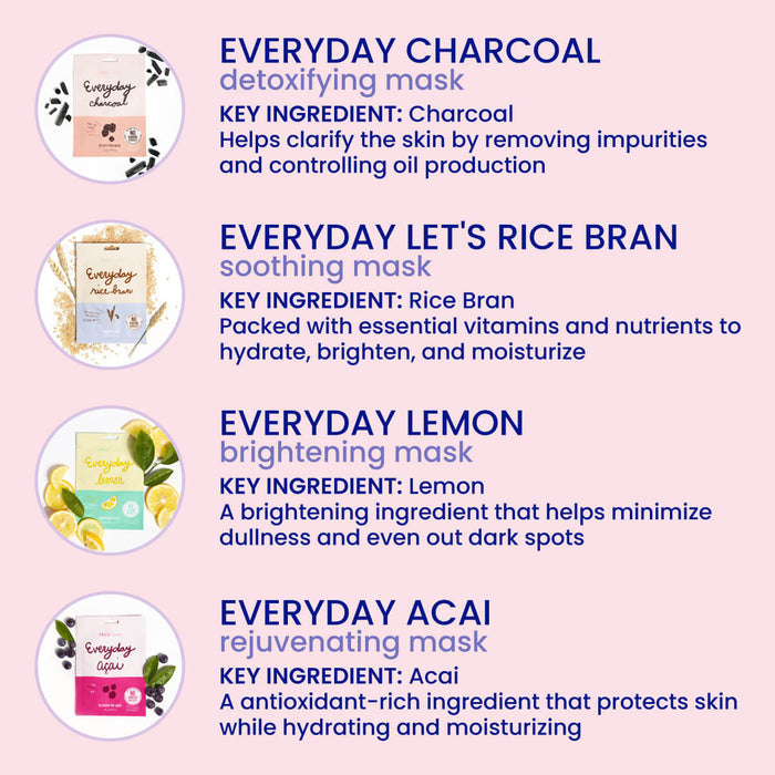 A graphic showcases four plant-based masks from FaceTorys Everyday 8 line: Charcoal Detoxifying, Lets Rice Bran Soothing, Lemon Brightening, and Acai Rejuvenating. Each features natural ingredients and benefits with vibrant circular illustrations alongside.