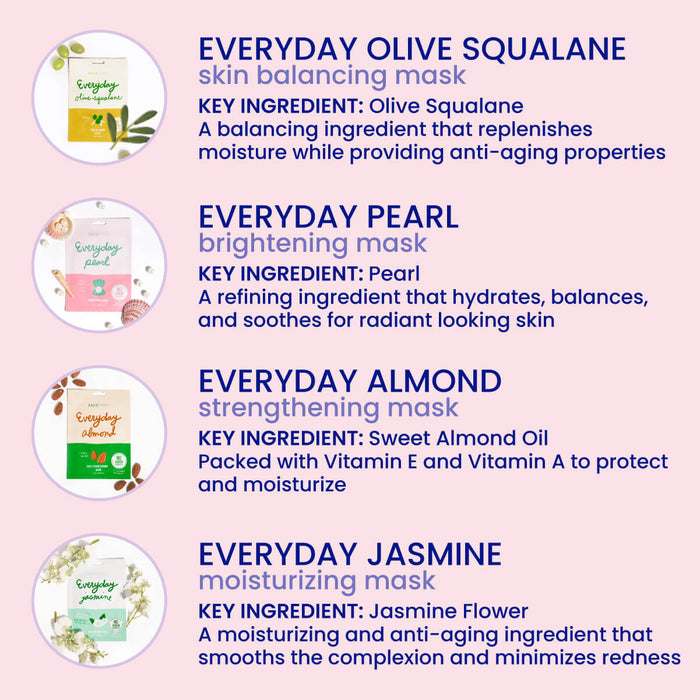 Four FaceTory Everyday 8 skincare products are displayed in circles: Olive Squalane for skin balancing, Pearl for brightening, Almond for strengthening, and Jasmine for moisturizing. Each highlights natural ingredients and benefits, perfect additions to your daily mask routine against a beige background.