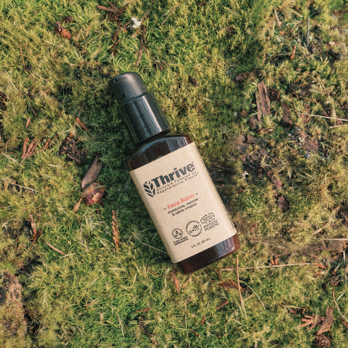 A bottle of Thrive Natural Care Face Balm, a lightweight moisturizer for all skin types, sits on lush green moss. Featuring a pump dispenser and Thrives logo, the vibrant moss highlights the balms natural plant extracts essence.