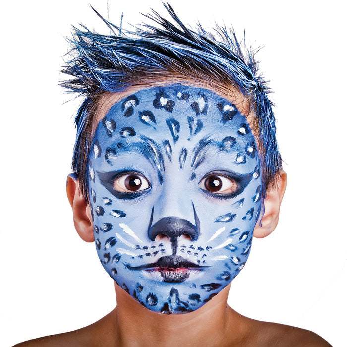 A child with vivid blue leopard face paint, complete with spots and whiskers around the lips and eyes, poses against a white background. Their hair features blue highlights, enhancing the artistic design crafted from the eco-kids Face Paint Set, which includes a palette of 10 colors.