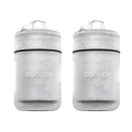 Two clear baby bottles with black accents and 'canopy' branding on a white background