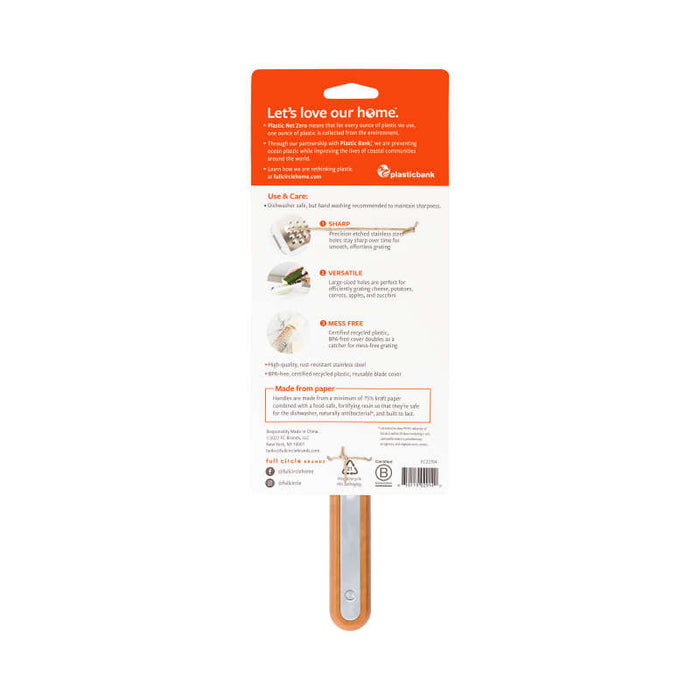 The packaging for a Full Circle Flat Grater features a non-slip silicone foot, care instructions, and versatile eco-friendly design. A hanging opening tops the package while its wooden handle completes this sustainable kitchen essential.