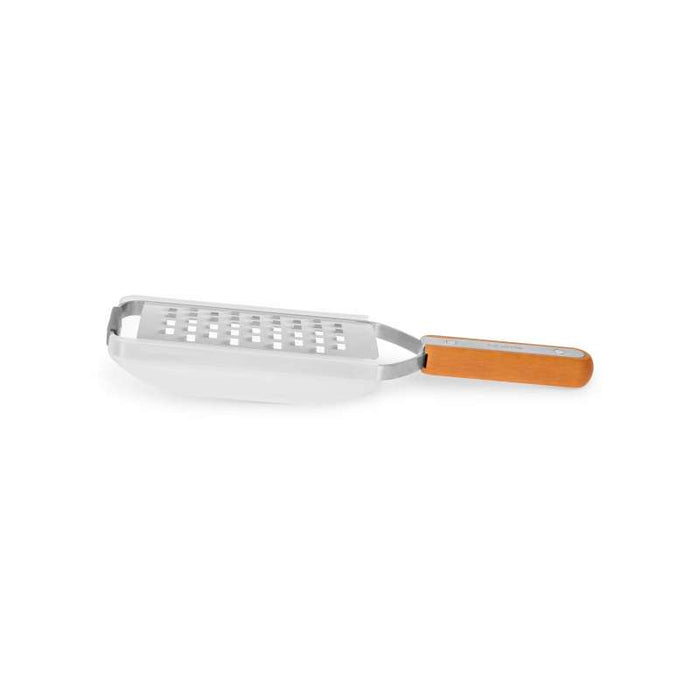 The Flat Grater by Full Circle is a stainless steel grater with a wooden handle and rectangular surface. Ideal for handheld use, it features a BPA-free safety cover and non-slip silicone foot for stability.