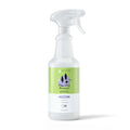 The kin+kind Flea+Tick Spray, vet formulated and USDA organic, comes in a clear spray bottle with a white nozzle. Its green label highlights a lavender scent and features tree and paw print graphics, designed for pets.
