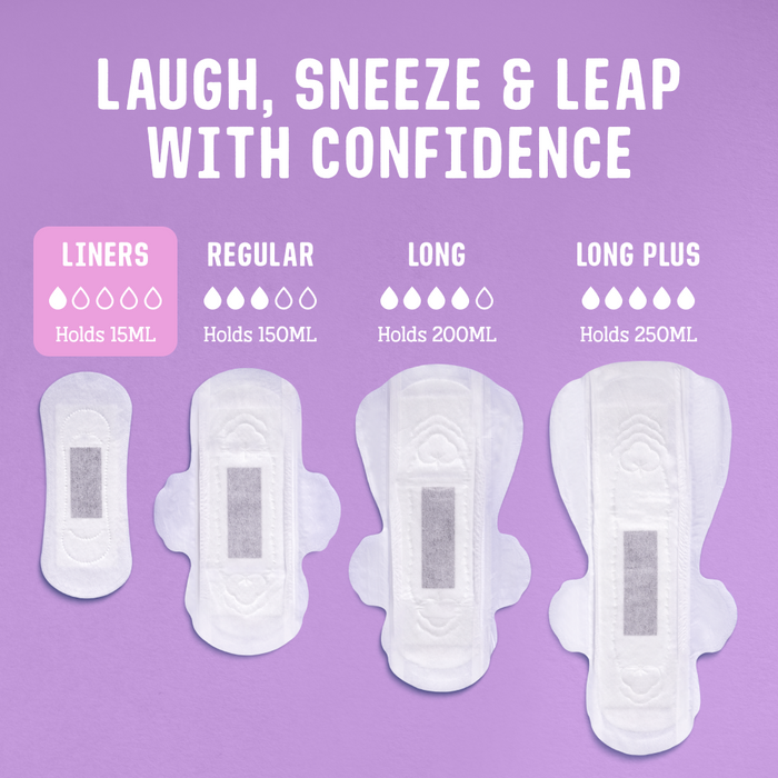 Here We Flo’s Sensitive Bladder Bamboo Liners, shown on a purple background, offer light leak protection with absorbency from 15ml to 250ml. Text reads: Laugh, Sneeze & Leap With Confidence.