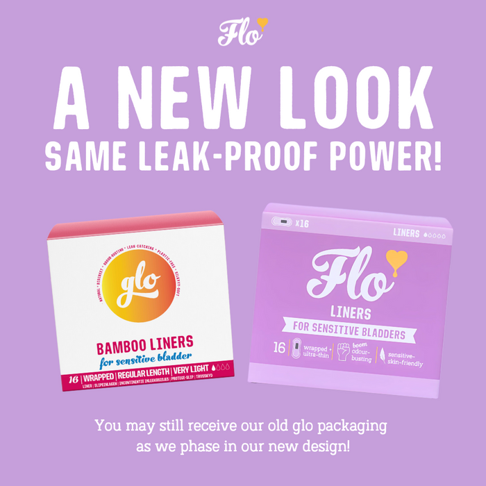 Two boxes of Here We Flo Sensitive Bladder Bamboo Liners sit on a purple background—one in the old red and white design, the other in new packaging. Text reads: “A NEW LOOK, SAME LEAK-PROOF & ODOUR NEUTRALISING POWER!”.