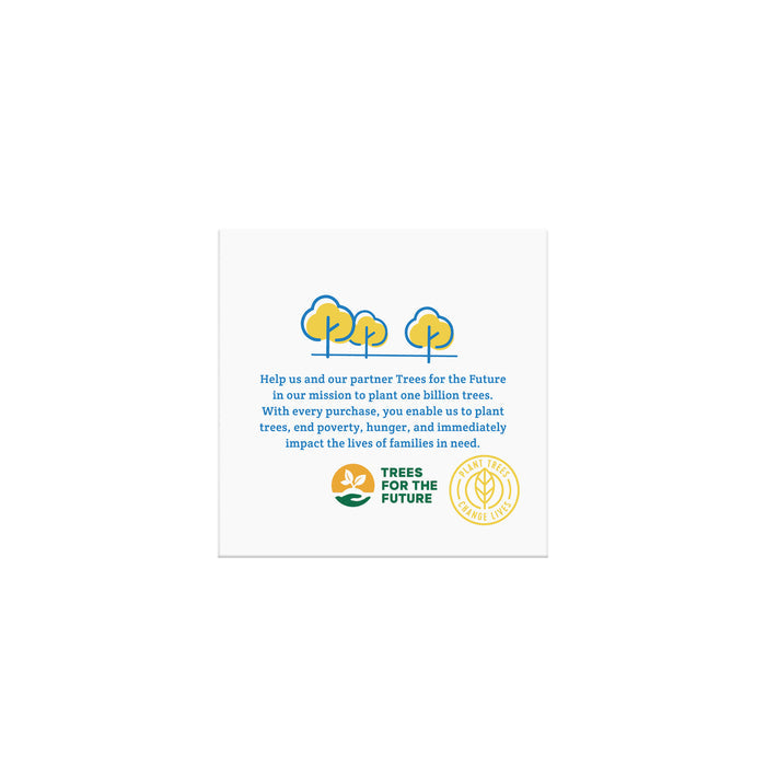 Stylized tree illustrations and Trees for the Future logos encourage supporting their mission. Small acts, like choosing Stall Mates Flushable Wipes - Individually Wrapped, can help end poverty and support planting one billion trees to impact families in need.