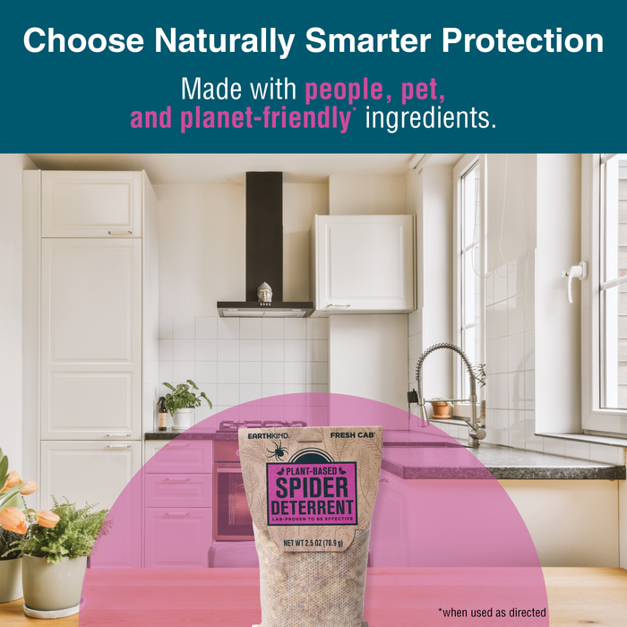 Fresh Cab® Spider Deterrent by Earthkind is shown in a modern kitchen, highlighting safe, plant-based spider control with botanical ingredients—people, pet, and planet-friendly protection.