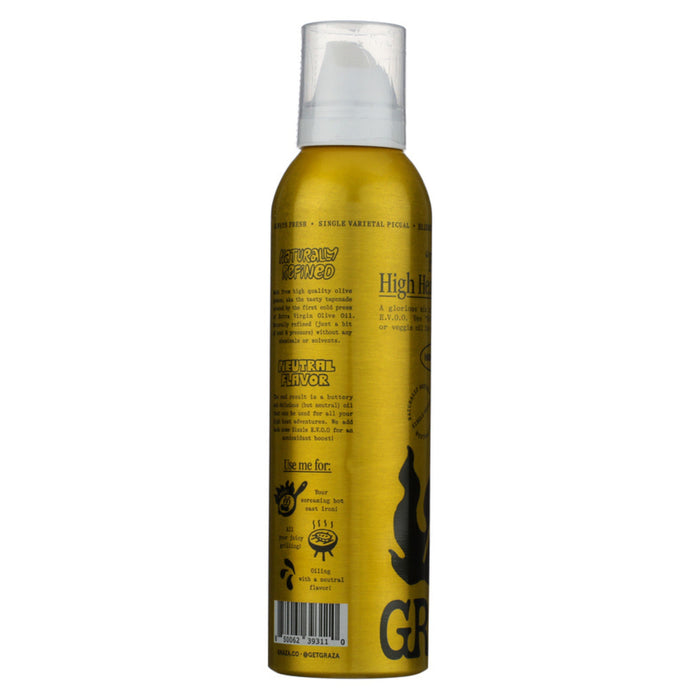 Grazas Frizzle High Heat Cooking Oil Squeeze Bottle is a golden cylinder with a white cap, black text/graphics, and a squirrel logo, reflecting its certified quality akin to Olive Pomace Oil packaging.