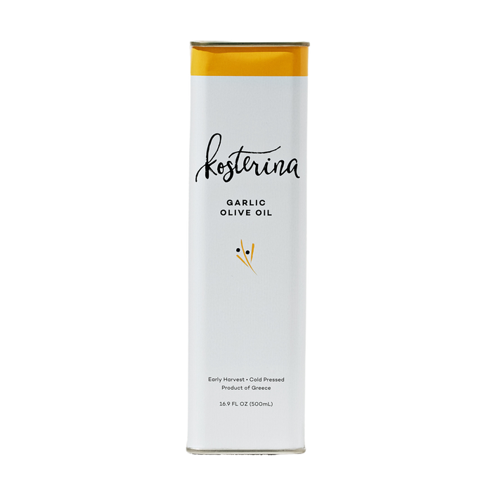 A tall, rectangular white tin of Kosterina Garlic Olive Oil features a yellow top, subtle black text, a small olive branch illustration, and contains 16.9 fl oz (500ml) of extra virgin olive oil.
