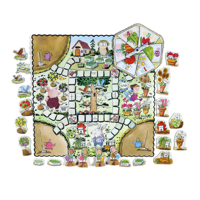 The Gathering a Garden Board Game by eeBoo Piece & Love is a colorful, illustrated garden-themed game with winding paths, flower beds, character pieces, a spinner, and garden-themed tokens and decorations.