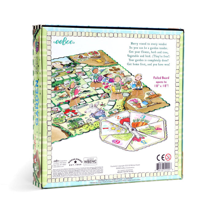 The back of the Gathering a Garden Board Game by eeBoo Piece & Love displays its illustrated board, spinner, and pieces with kids playing. Text describes this fun game’s gardening skill features, objective, logos, and product details.
