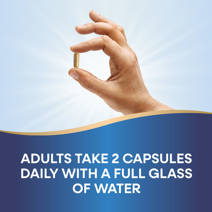 A hand holds a capsule, showcasing Natures Way Ginger Root—For Traditional Digestive Support—with a light blue background. Text: Adults take 2 capsules daily with a full glass of water.