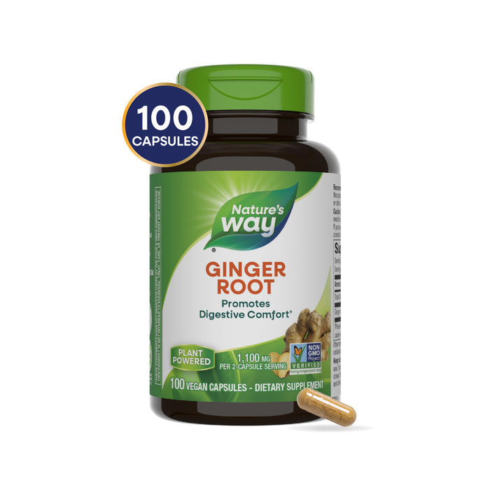 A bottle of Natures Way Ginger Root - For Traditional Digestive Support, featuring a green cap and label, contains 100 vegan capsules. One capsule is displayed beside the bottle.