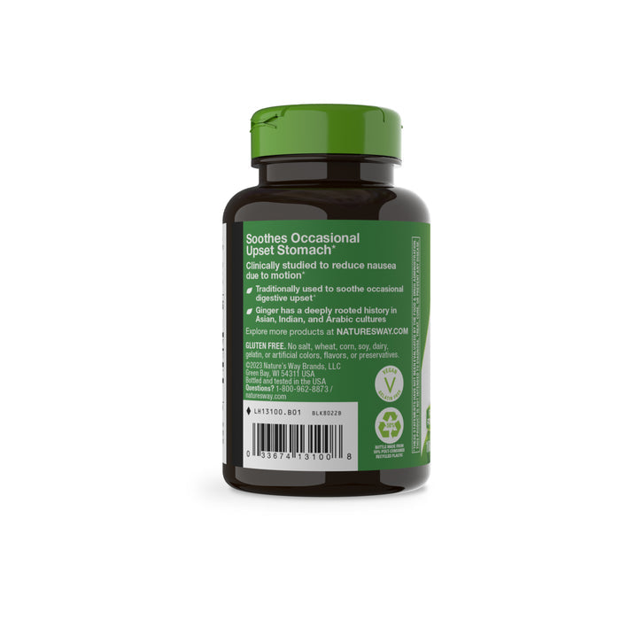 A dark brown bottle with a green cap displays the back label, highlighting Natures Way Ginger Root – For Traditional Digestive Support, soothing occasional upset stomach, and vegan and gluten-free certifications.
