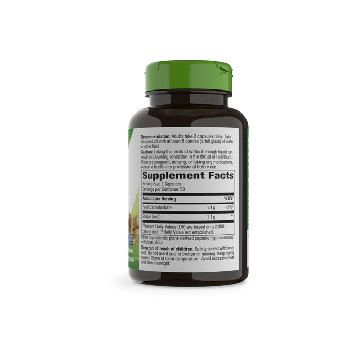A dark plastic bottle with a green cap features the Nature’s Way label for Ginger Root—For Traditional Digestive Support. The bottle shows supplement facts, directions, warnings, and a barcode on a white background.