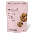 The pink package of Stellar Eats Grain-Free Chocolate Chip Cookie Mix is gluten-free, dairy-free, plant-based, and paleo-friendly. Made with almond flour and coconut sugar, it weighs 269g (9.4oz) and features two cookies on the packaging.