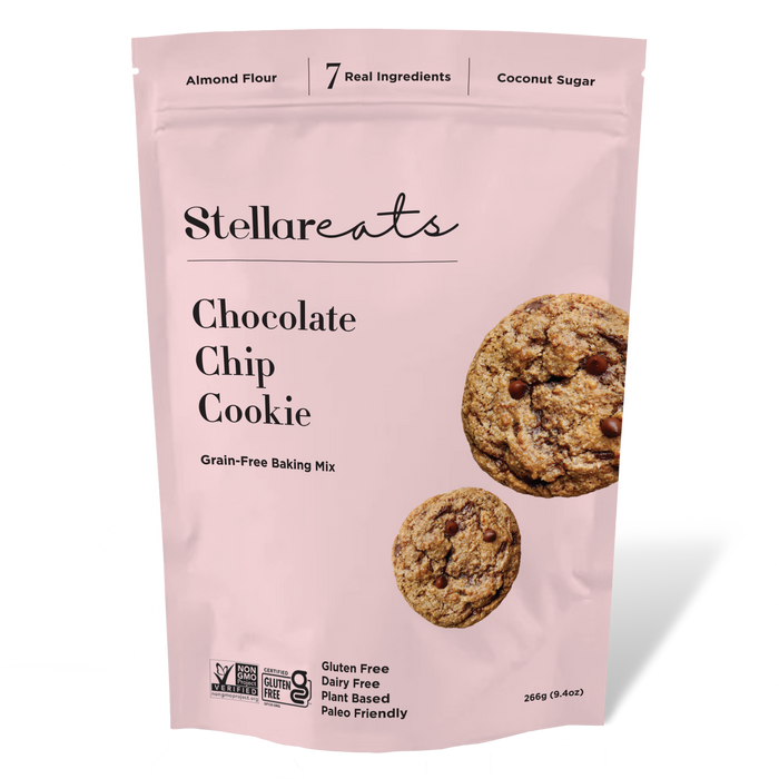 The pink package of Stellar Eats Grain-Free Chocolate Chip Cookie Mix is gluten-free, dairy-free, plant-based, and paleo-friendly. Made with almond flour and coconut sugar, it weighs 269g (9.4oz) and features two cookies on the packaging.