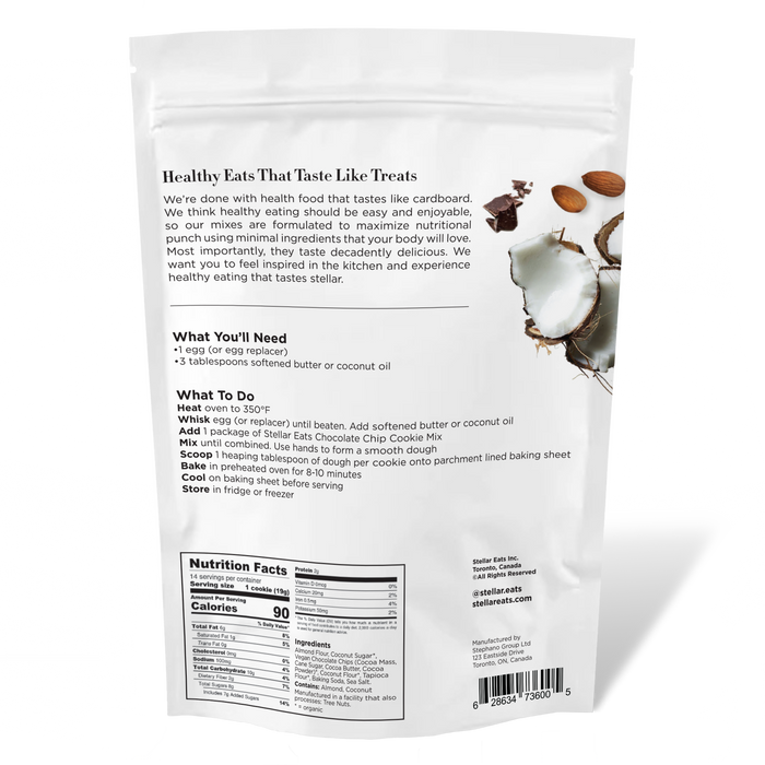 The image displays the back of a Stellar Eats Grain-Free Chocolate Chip Cookie Mix package with a recipe featuring eggs, sugar, and almond flour. Coconut imagery is prominent, with a nutrition facts section and sales contact info at the bottom.