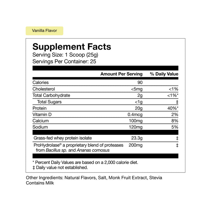 Momentous Grass Fed Whey Protein Isolate, sourced from grass-fed dairy cows, offers vanilla flavor and contains whey protein isolate with ProHydrolase. The supplement facts label includes serving size, calories, carbohydrates, protein, vitamins, and calcium. Contains milk and a proprietary enzyme blend.