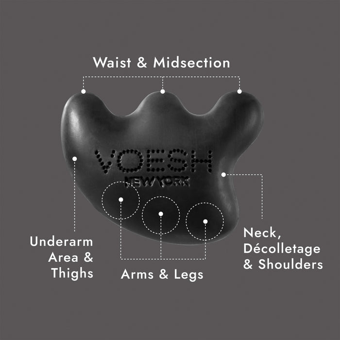 A black, ergonomically-shaped massage tool with finger-like projections labeled for different body areas: "Waist &amp; Midsection," "Underarm Area & Thighs," "Arms &amp; Legs," and "Neck, Décolletage & Shoulders." The brand name "VOESH New York" is embossed on it.