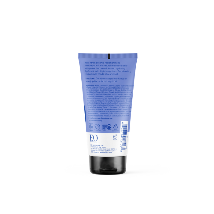 A blue and white EO Products hand cream tube with a black flip-top cap features French Lavender. The front has the brand and product name, and the back displays text and symbols. It stands upright on a white background.